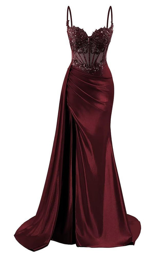 Ethereal Mermaid Spaghetti Straps Burgundy Beaded Slit Long Prom Dresses Inspiration Prom Gowns RB1308