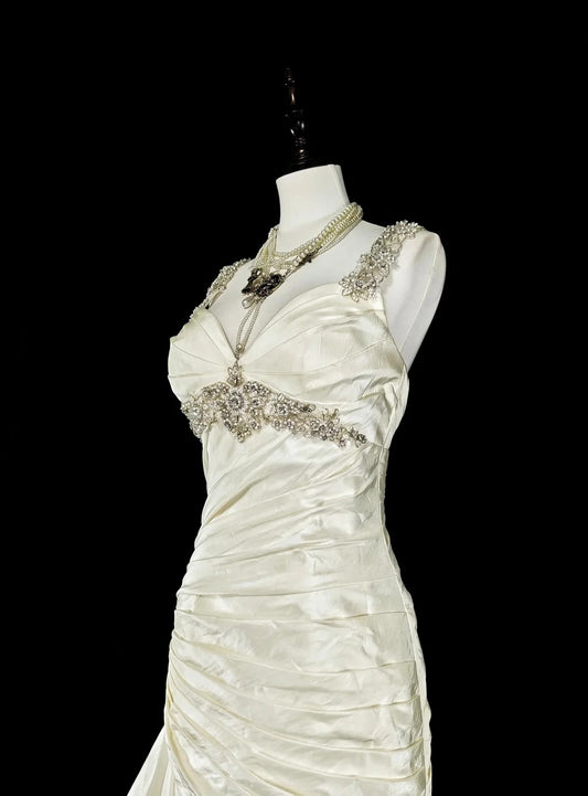 Vintage 80s Wedding Dresses Mermaid Sweetheart Ivory Long Brides Dress Fitted Bridal Gown N1609