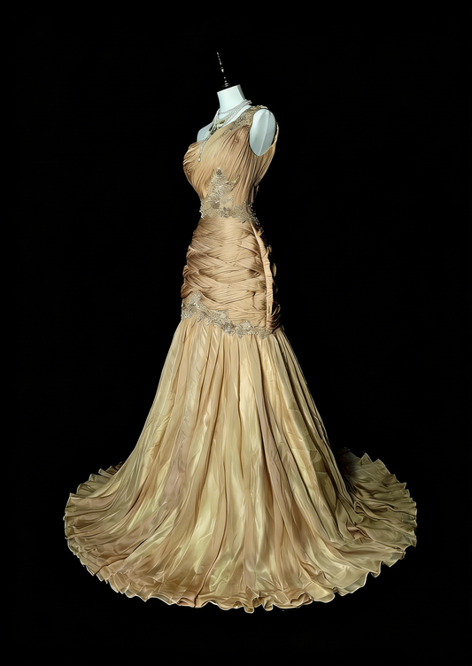 Vintage Mermaid One Shoulder Champagne Tulle With Pleated Sleeveless 80s Prom Dresses Long Formal Party Gown N1474