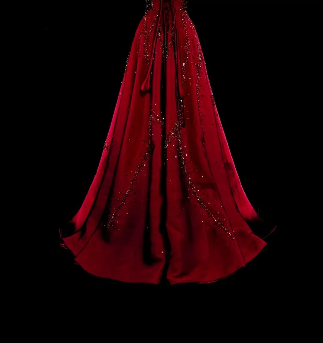 Vintage Prom Dresses A line Strapless Burgundy Tulle With Beaded Bodice Long Party Dress N2377