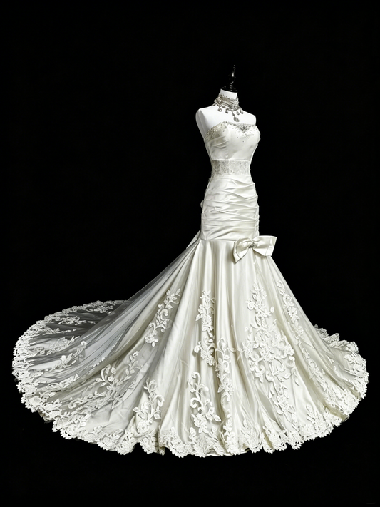 Unique Wedding Dresses Mermaid Strapless Lace Sleeveless White Long Brides Dress N3512
