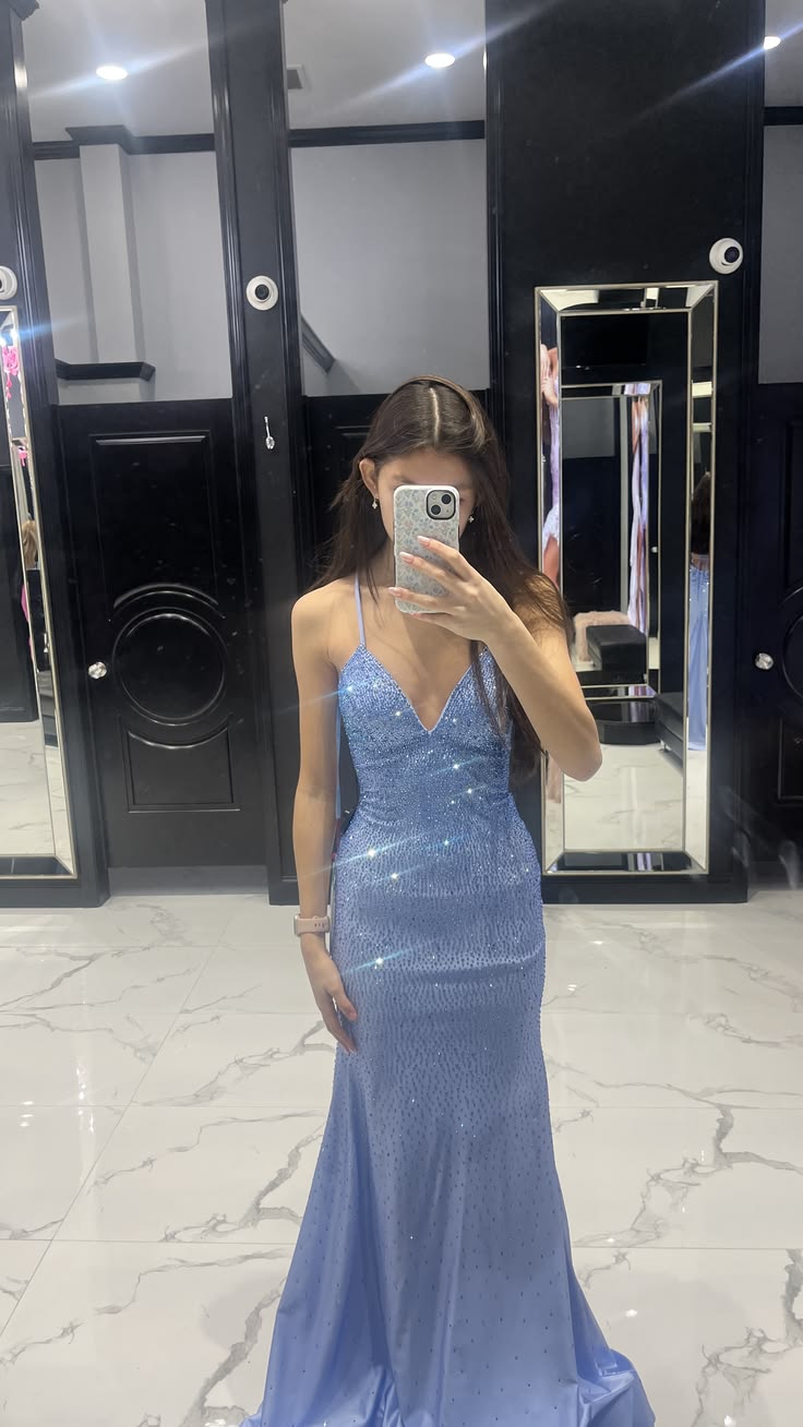 Elegant Mermaid Halter Blue Sequin Long Floor Length Prom Dress Inspiration Prom Dresses B83