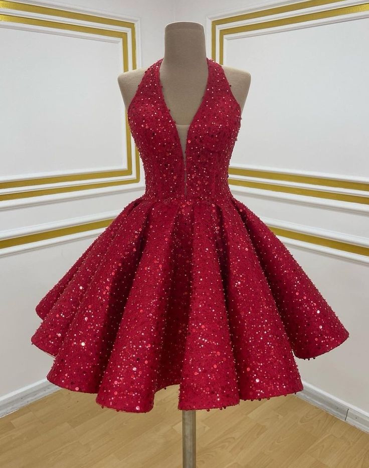 Classy Ball Gown Halter Red Sequin Short Homecoming Dresses Party Cocktail Hoco Outfits RB8772