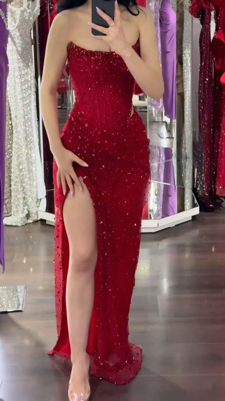 Sparkly Sequin Prom Dress Long Floor Length Mermaid Strapless Red Glam Formal Evening Gown RC0192