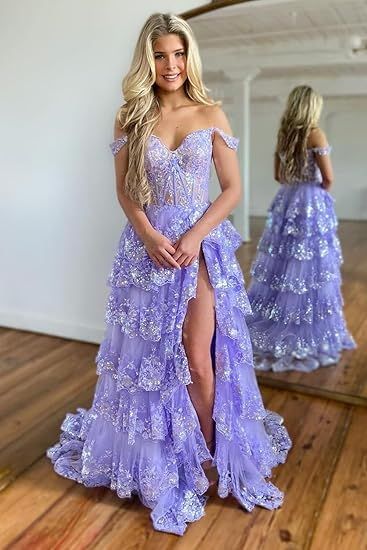 Off The Shoulder Layered Navy Blue Lace Long Prom Dress with Split Vestidos De Dia AB530