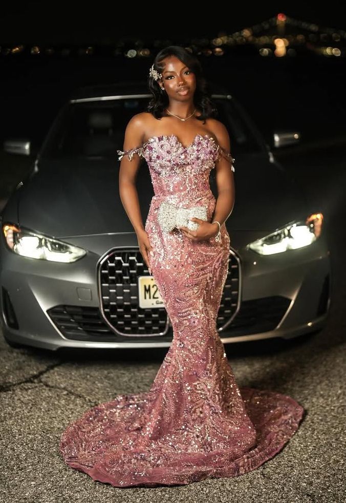 Sparkly Mermaid For Black Girls People Sweetheart Pink Prom Dresses Column Floor Length With Beads N626