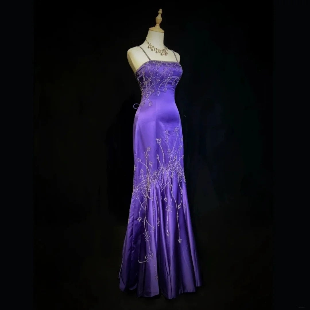 Elegant Mermaid Spaghetti Straps Grape Satin Long Prom Dresses Formal Party Gowns Vestidos De Dia N767