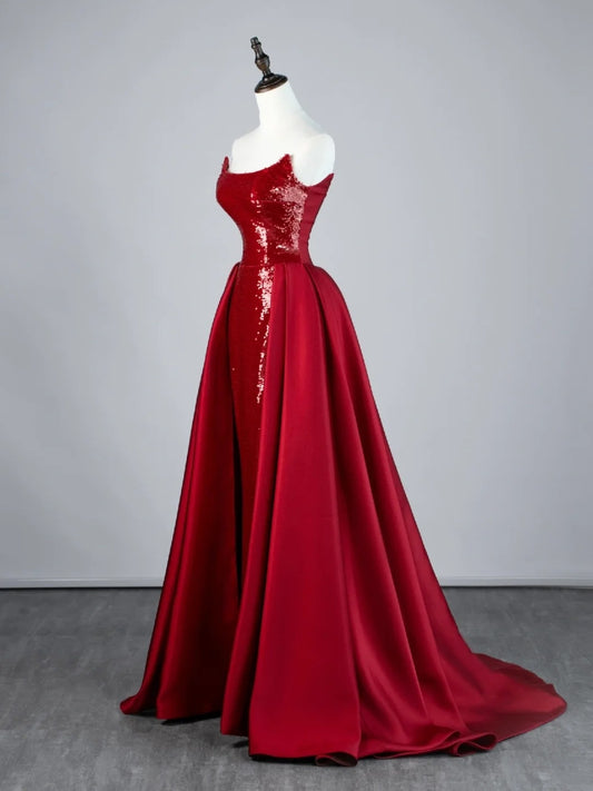 Sparkly Mermaid Strapless Burgundy Sequin Pleated With Train Satin Long Prom Dresses Formal Gowns N848