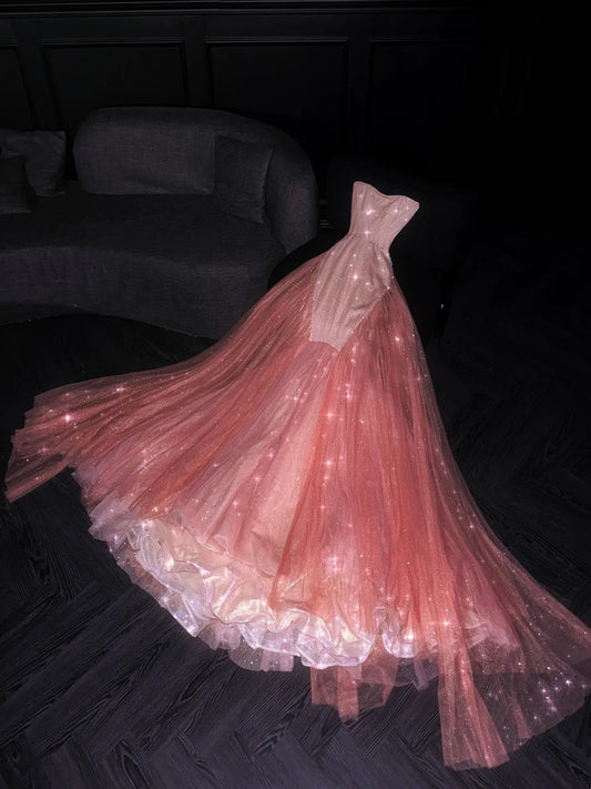 Glittery Mermaid Strapless Coral Pink Sequined Long Formal Evening Dress Formal 18th Birthday Gowns Prom Dresses N734