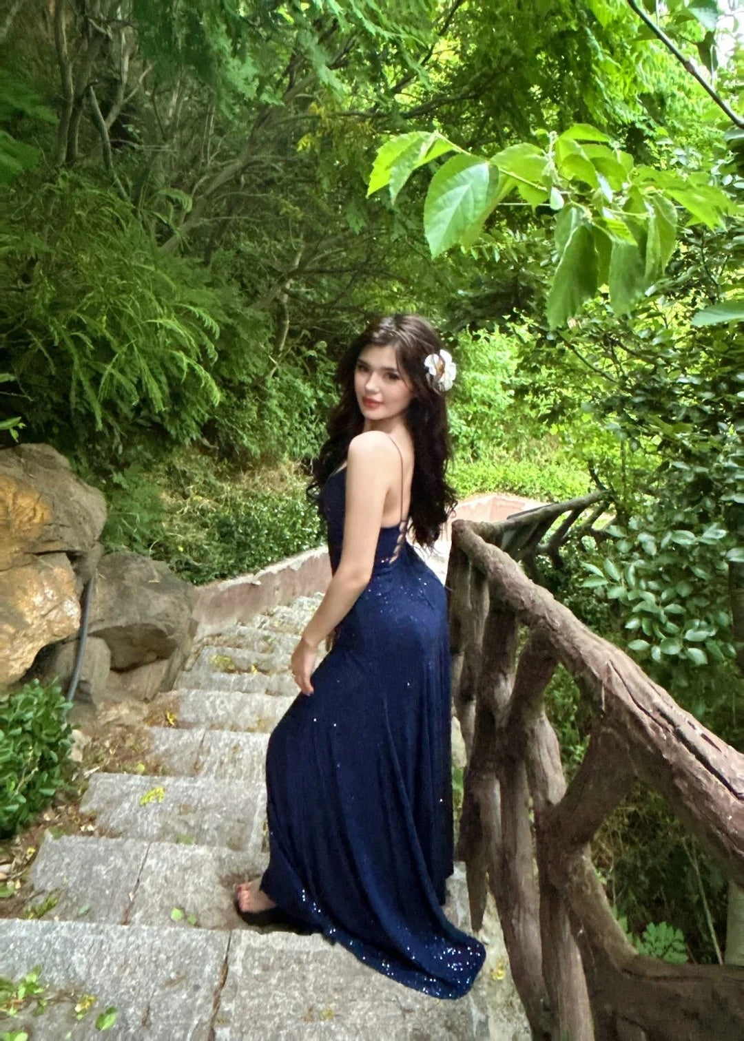 Sexy Navy Blue V-neck Lace-Up Mermaid Long Prom Dress with Slit AB640