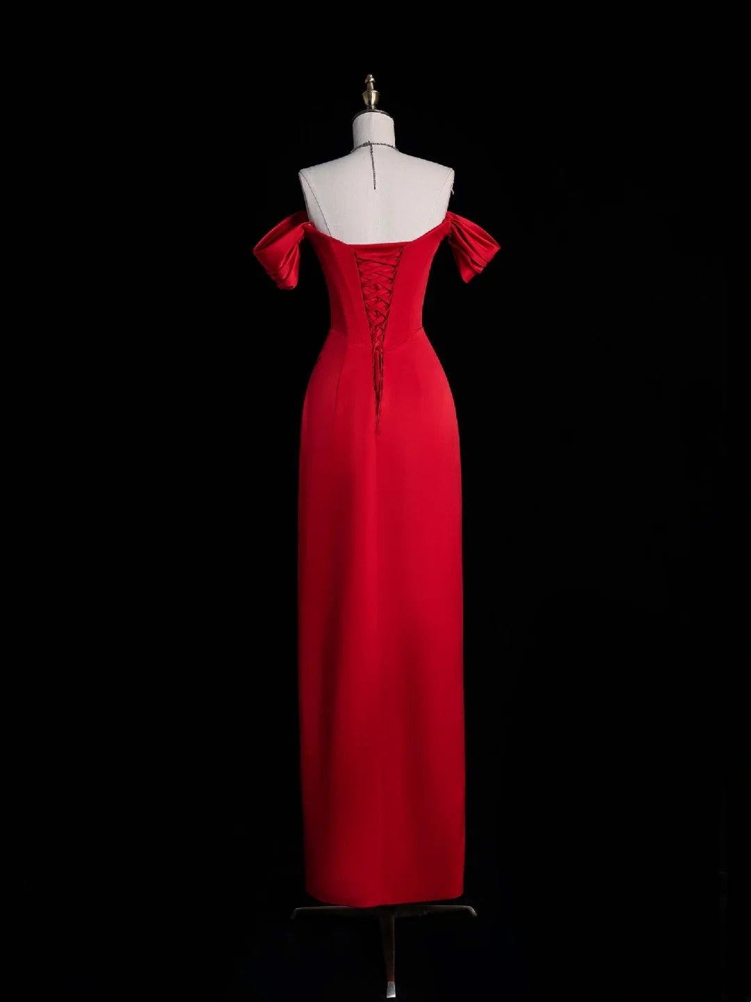 Chic Sheath Off The Shoulder Red Satin Slit Senior Prom dresses High School Long Formal Dress N1271