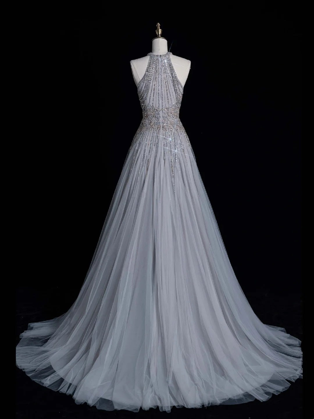 Chic A line Halter Silver Gray Sequins Senior Prom dresses High School Long Formal Dresses N1270