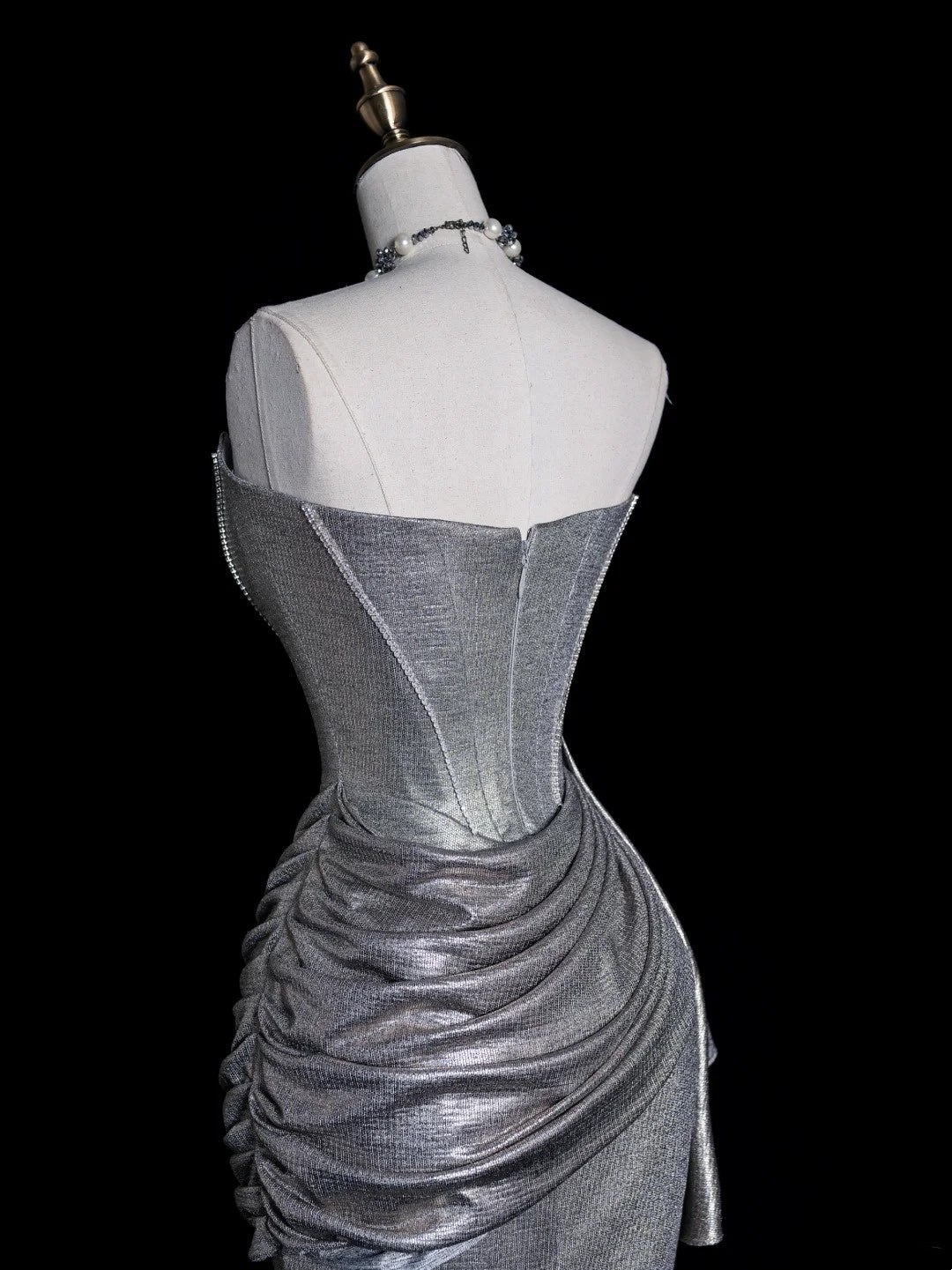 Whimsical Mermaid Strapless Silver Gray Sequin Pleated Bodice Long Prom Dresses Night Formal Dress N611