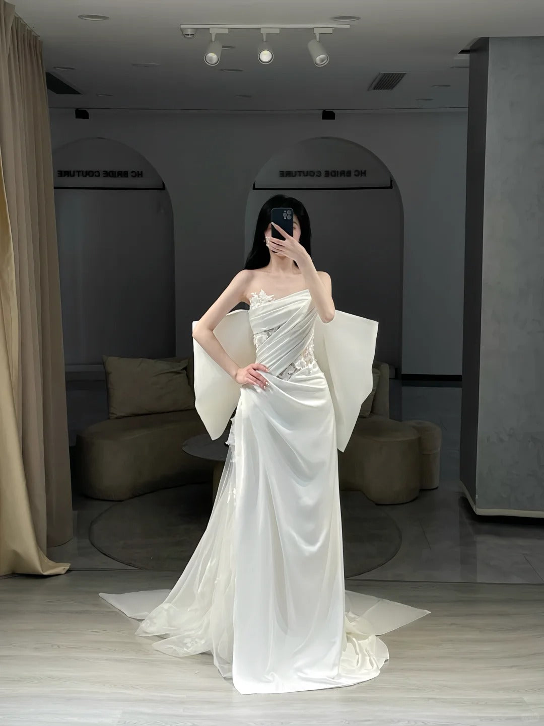 Simple Wedding Dresses Mermaid Strapless White Satin Long With Bow-knot Bridal Gown N3080