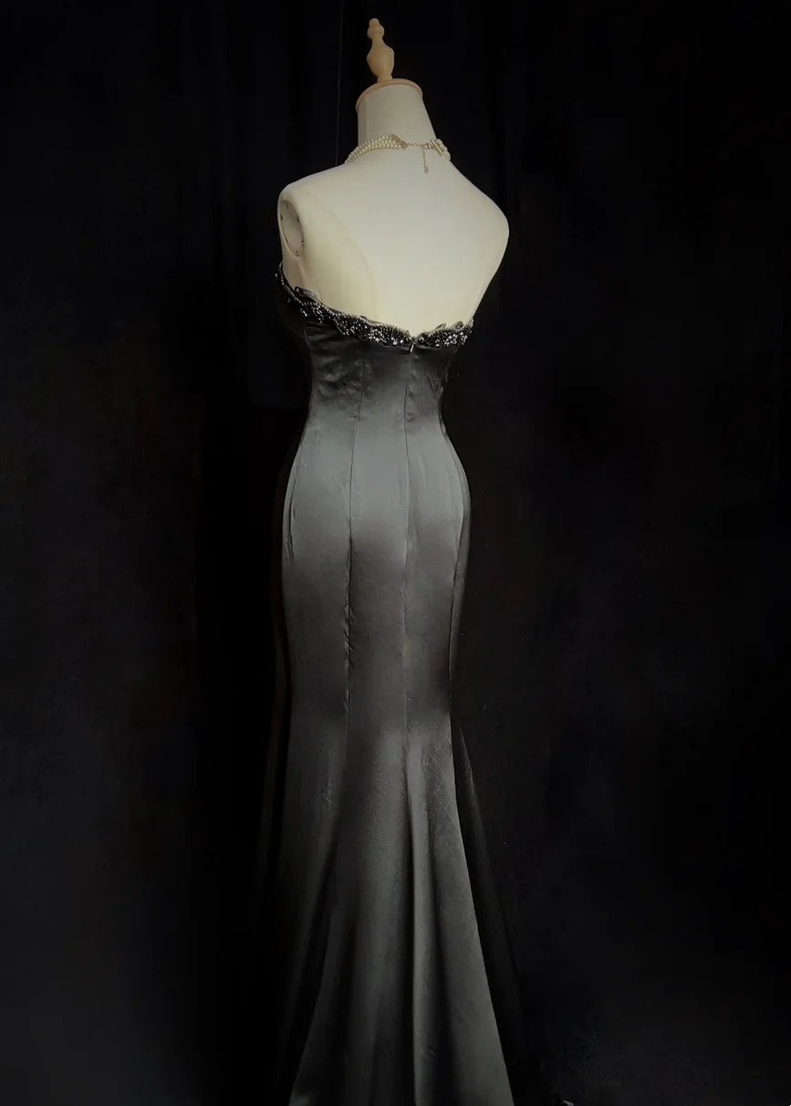 Vintage Prom Dresses Mermaid Sweetheart Black Satin With Beading Long Formal Dress N2507