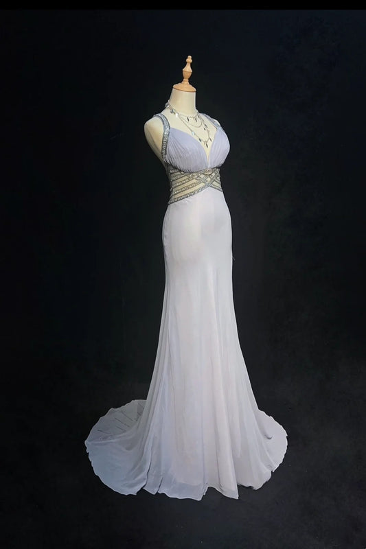 Vintage Prom Dresses Mermaid Sweetheart Gray Chiffon With Beading 1970s Long Formal Gown N2614