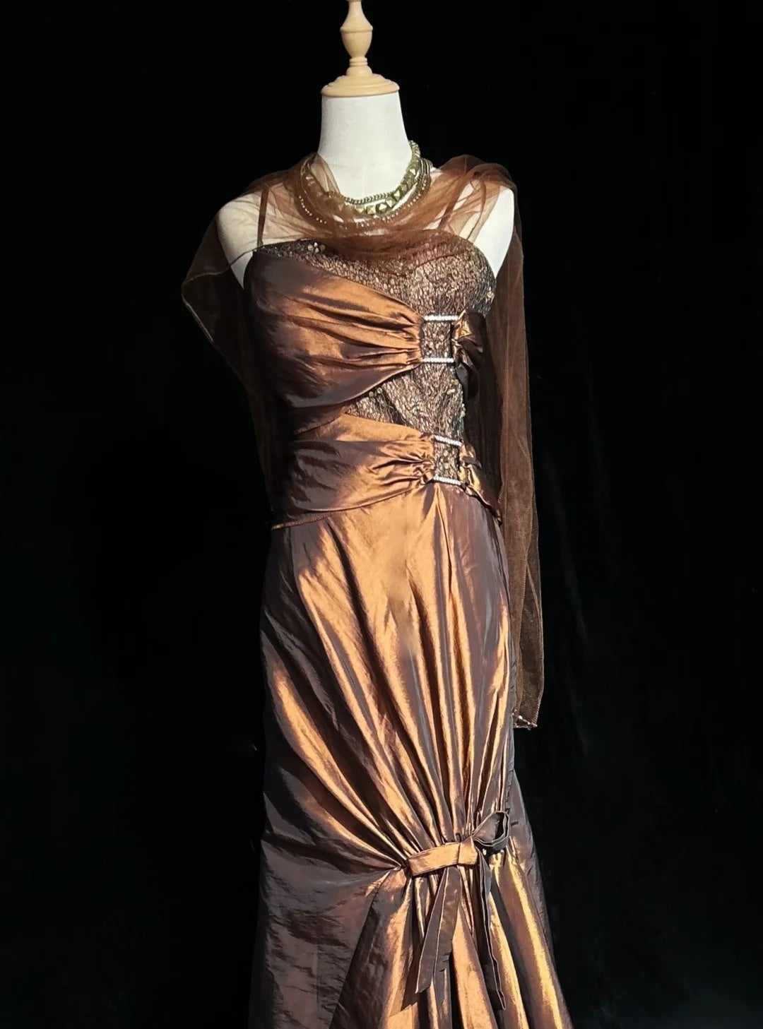 Vintage Prom Dresses Inspo Mermaid Spaghetti Strap Brown With Beads 80s Long Formal Gown N2738