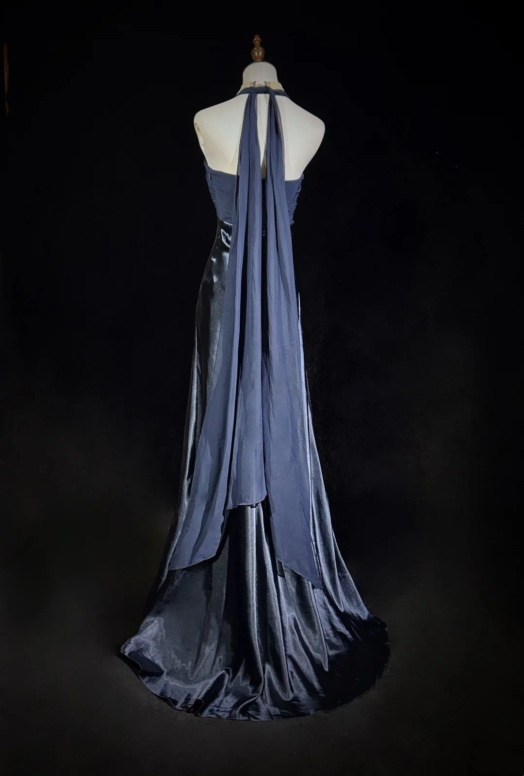 Vintage Prom Dresses Mermaid Halter Navy Blue Chiffon Satin 1990s Formal Evening Gown N2655