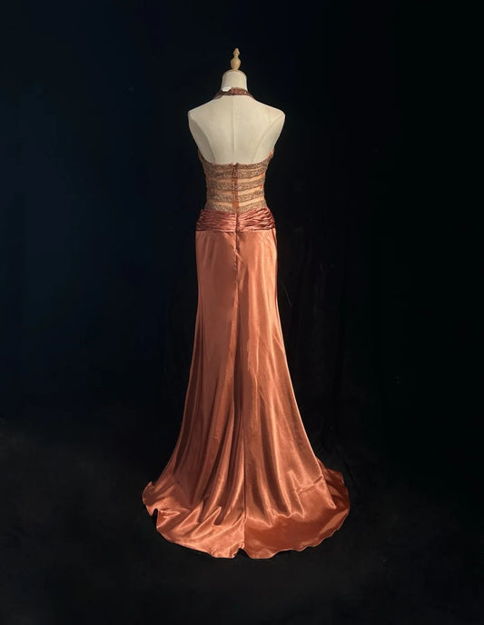 Vintage Y2K Mermaid 2000s Dusty Orange Ombre Gown Gradient Colors Halter Formal Dress Prom Dresses N2571