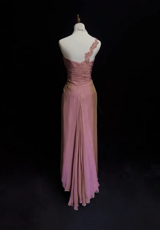 Vintage Prom Dresses Sheath One Shoulder Pink With Appliques 1960s Long Formal Gown N2608