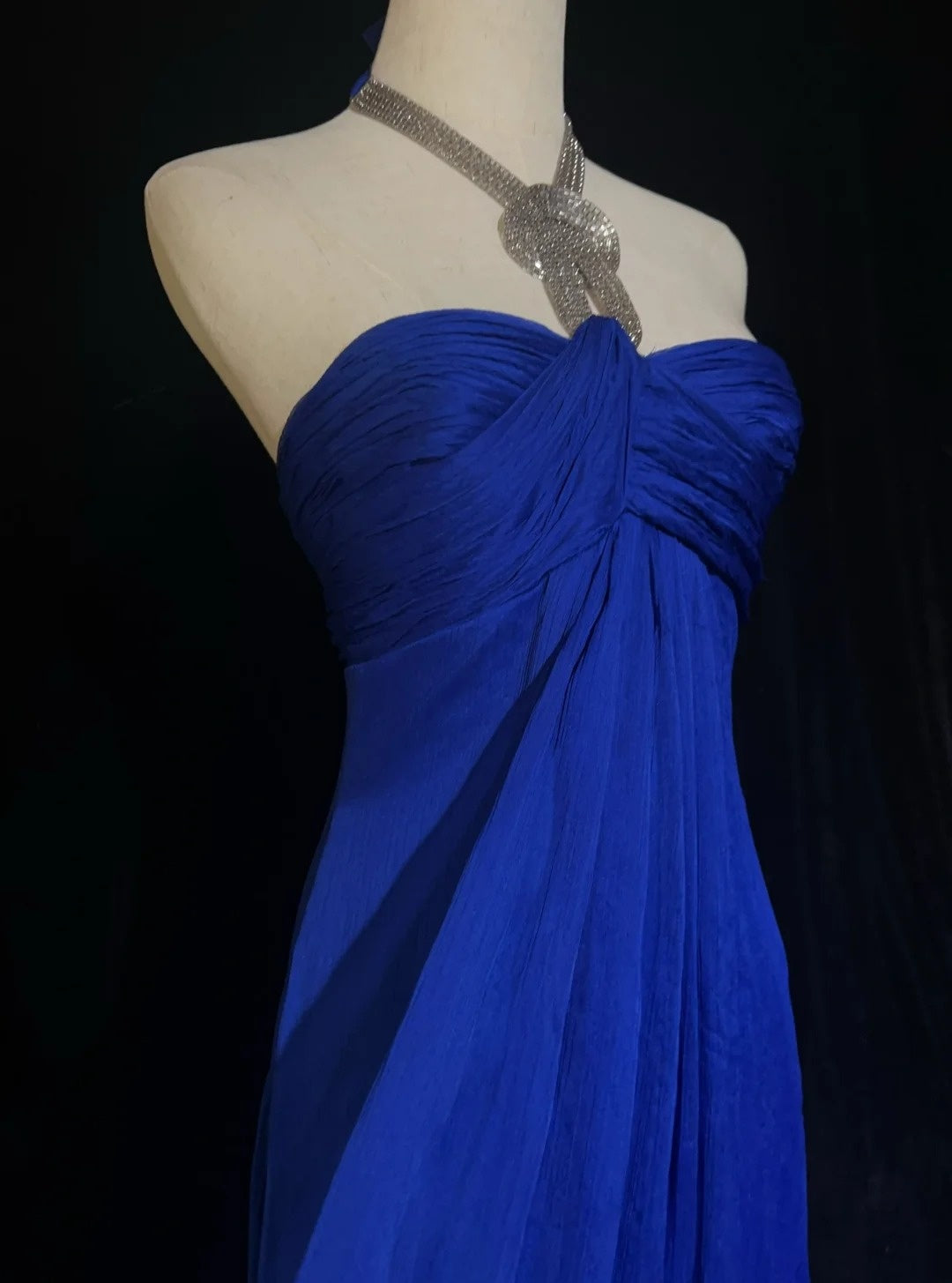 Vintage Prom Dresses A line Halter Royal Blue Chiffon With Beaded 90s Long Formal Gown N2903