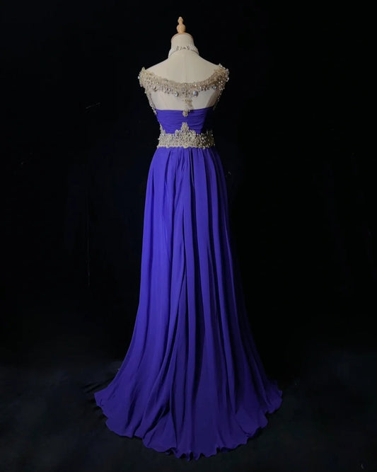 Modest Prom Dresses A Line Purple Jewel Neck With Ruffled Beads Lace Long Formal Outfits N3700
