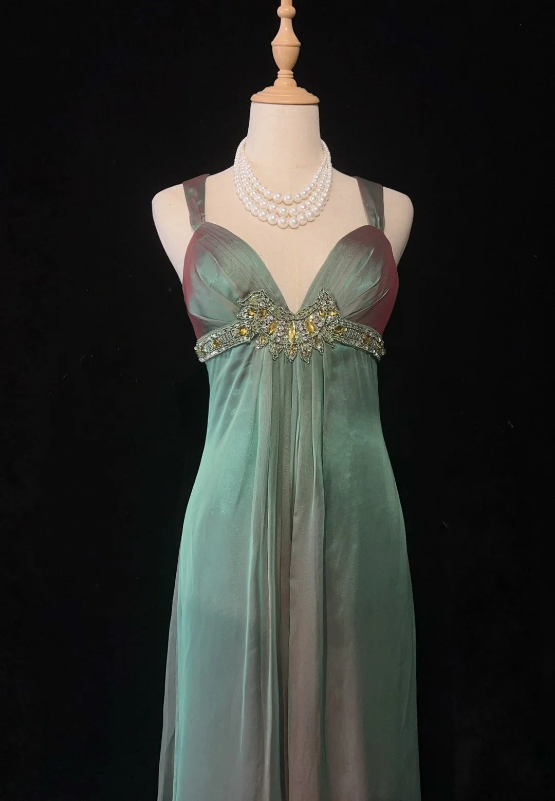 Vintage Prom Dresses A line Sweetheart With Straps Green Chiffon Sleeveless 1990s Long Formal Evening Gown N2634