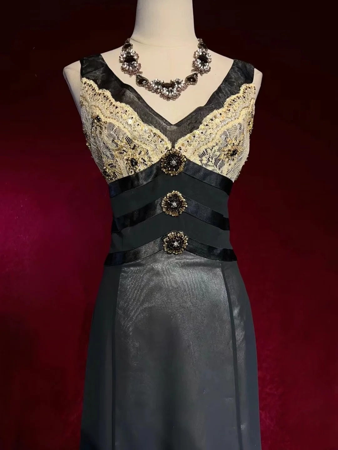 Vintage Prom Dresses Mermaid V Neck Beaded Satin Black 80s Evening Formal Dress RB3272