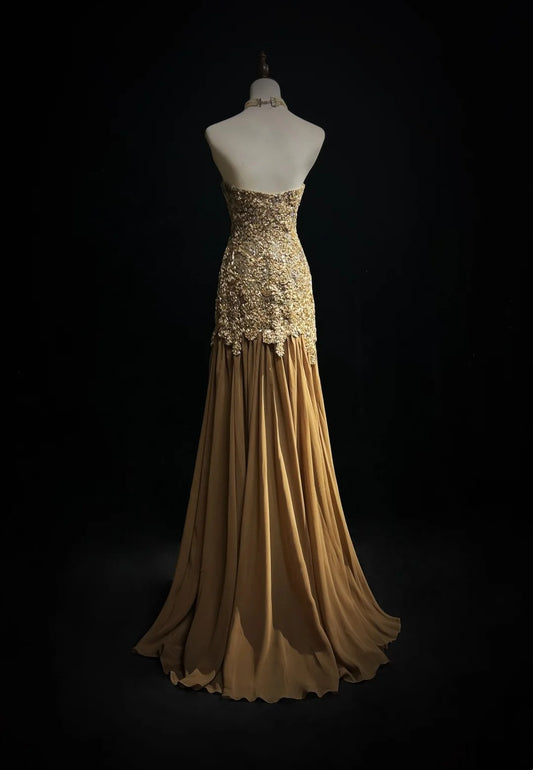 Vintage Prom Dresses 1960s Mermaid Strapless Gold Lace Long Prom Gown N3103