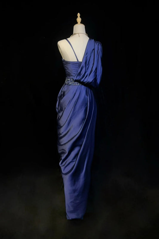 Vintage Prom Dresses Sheath Navy Blue Satin 1990s Long Formal Evening Gown N2663