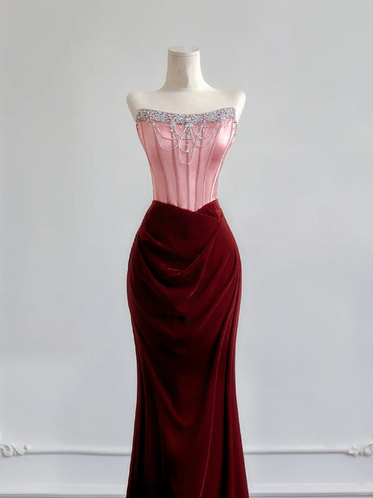 Romantic Mermaid Strapless Pink Top Satin Burgundy Velvet Long Prom Dresses Impress 18th Birthday Outfits Party Gown N393