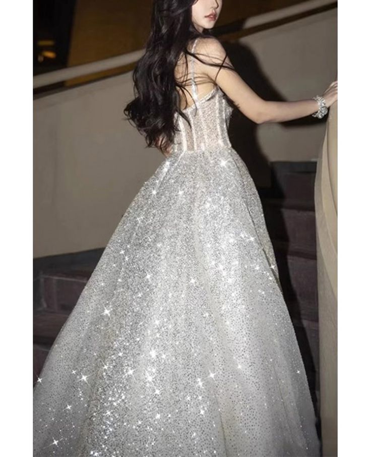 A line Bling Silver Corset Top Long Prom Dress With Straps AB963