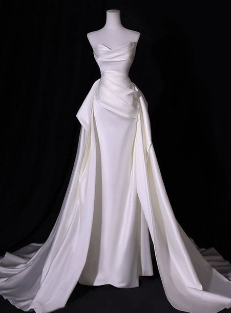 Simple White Mermaid Satin Strapless Pleats Wedding Dress AB971