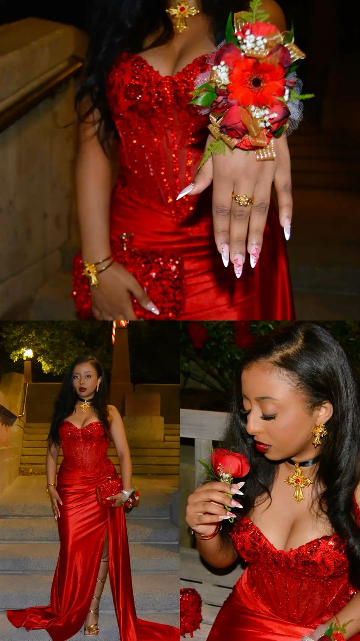 Sparkly Mermaid Spaghetti Strap Red Satin Long Prom Dresses For Black Gilrs Formal Dresses N715