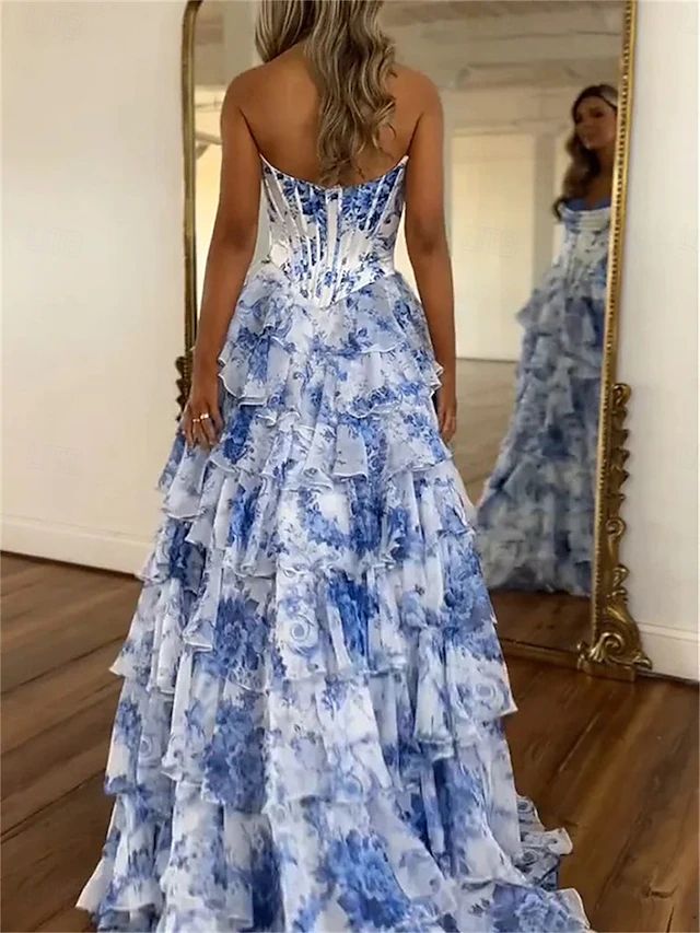 A-Line Floor Length Prom Dresses Elegant Floral Princess Sleeveless Strapless Prom Evening Party Chiffon With Floral Print N1861