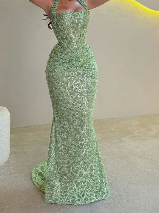 Shinning Mermaid Halter Sequin Mint Green Prom Dresses For Teens Formal Dress Party Outfits Prom Gown RB2004