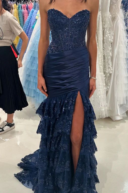 Mermaid Strapless Sequins Lace Appliques Prom Dress 2026 Formal Evening Gowns AB504