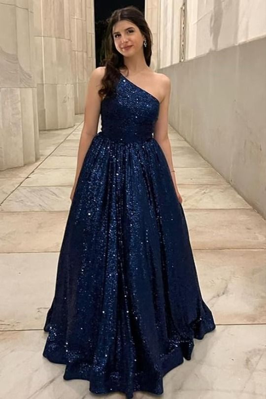 A-line One-Shoulder Navy Blue Sequins Floor-Length Prom Dress Formal Ball Gowns Vestidos De Dia AB523