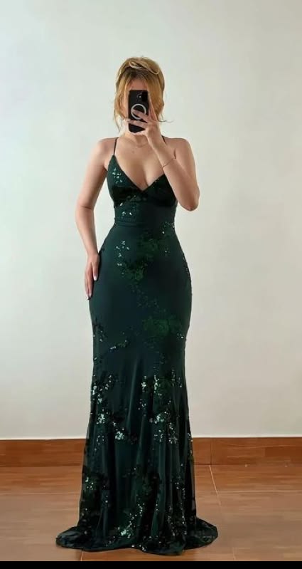Chic Mermaid Halter Dark Green Sleeveless Prom Dress Long With Sequin Lace N2122