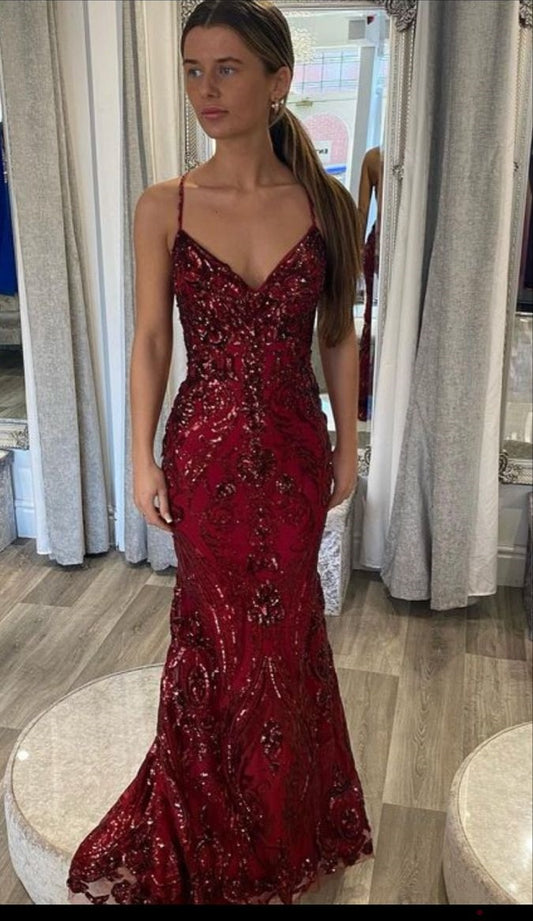 Glitter Mermaid Spaghetti Straps Burgundy Sequins Long Prom Dresses Party Dress For Women AB1478