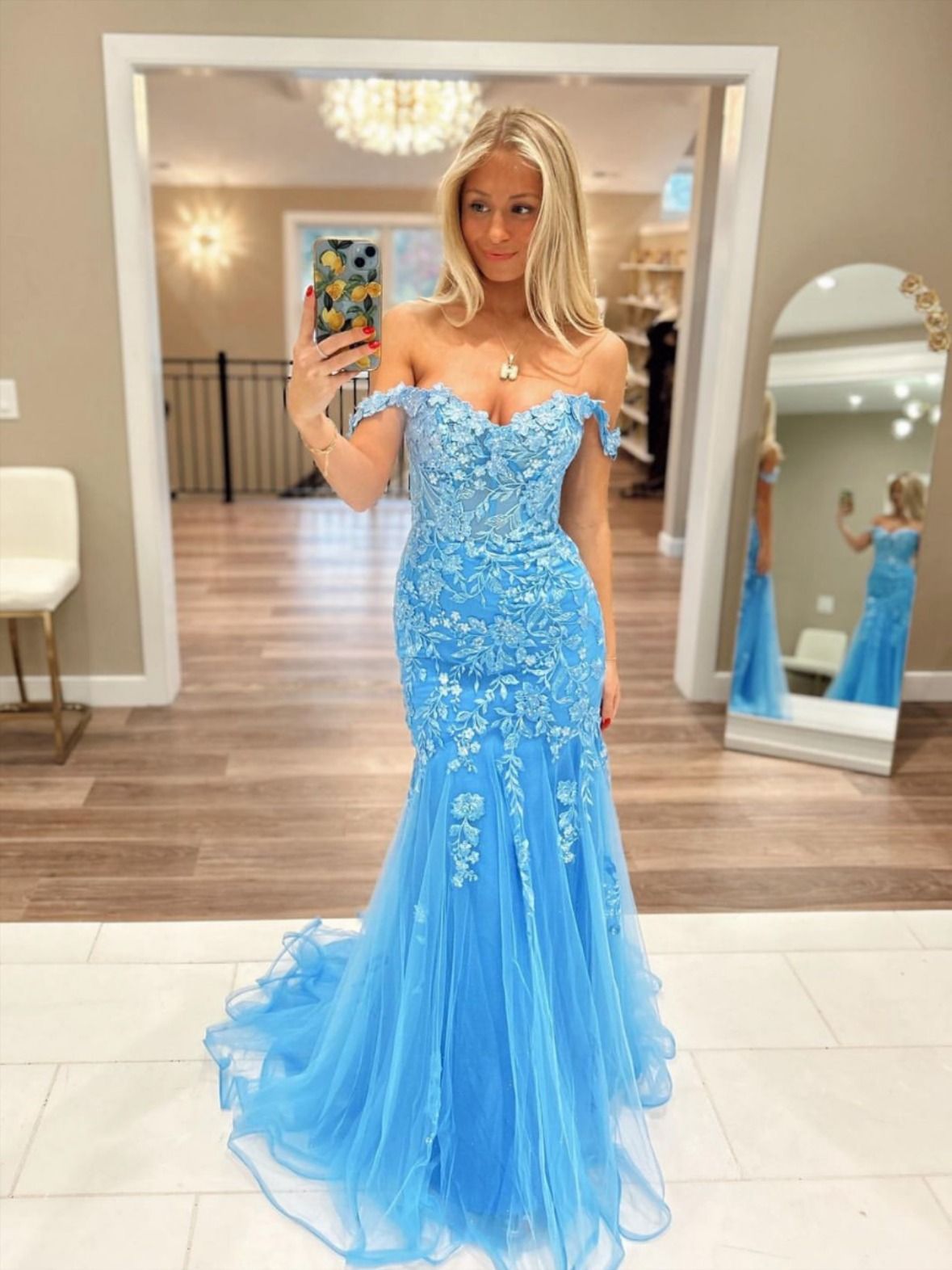 Classy Mermaid Off The Shoulder Blue Lace Prom Dresses Inspo For Teens Formal Dress Party Outfits Prom Gowns AB095