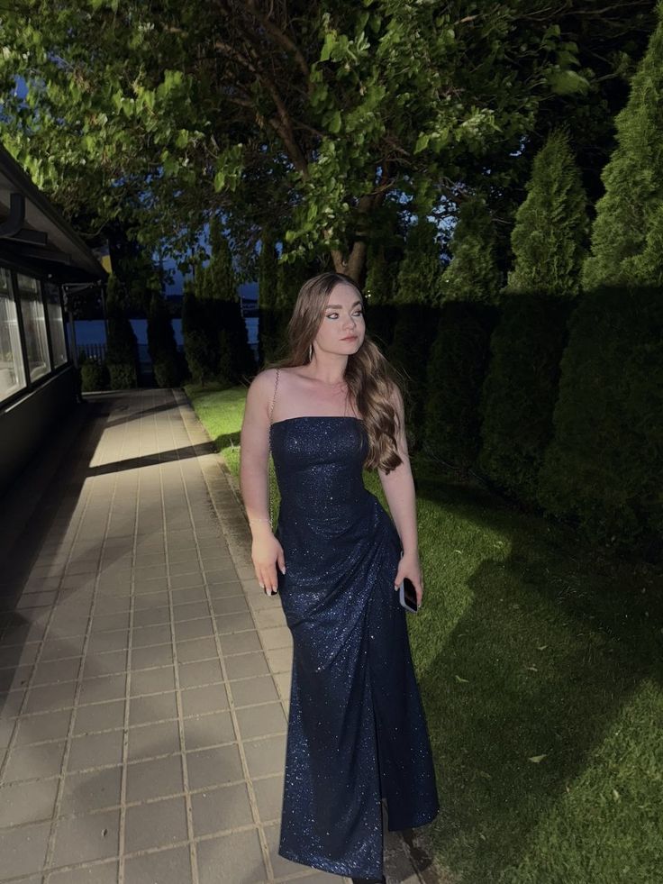 Aesthetic Mermaid Strapless Navy Blue Sequins Long Formal Dresses With Slit Evening Prom Dress AB668