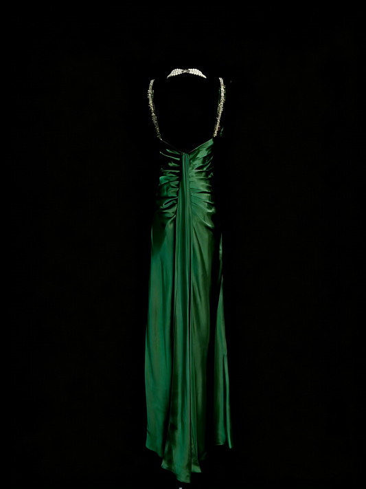 Vintage A Line V Neck Dark Green Satin Senior 80s Prom Dresses High School Long Formal Dress N1329