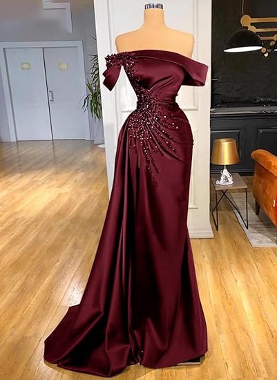 Sexy Mermaid Off The Shoulder Burgundy Satin Prom Dresses Inspiration Birthday Dress Princess Graduation Dress B363