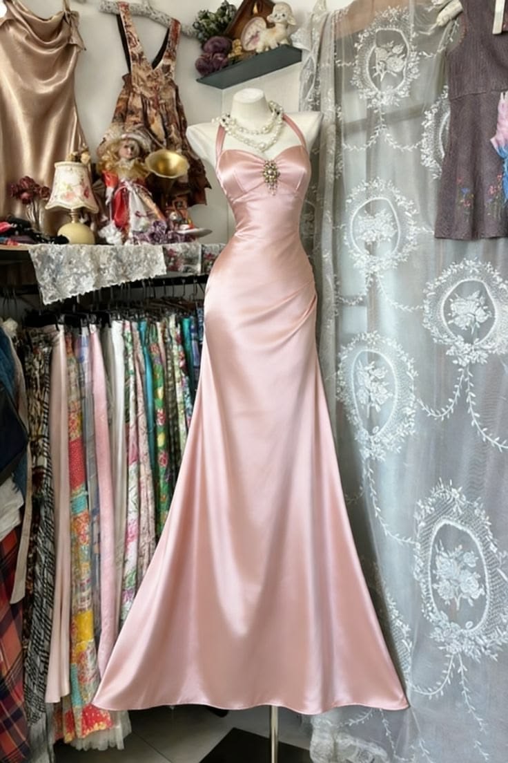 Prom Dresses ideas Unique Mermaid Halter Pink Satin Formal Party Gown 8th Grade Dress RC0868