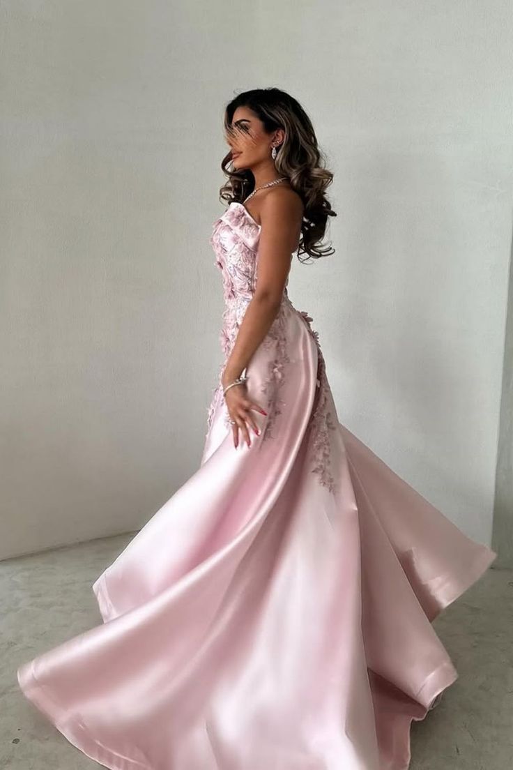 Women Elegant Pink A-Line Strapless Satin Party Dress with Appliques and Detachable Train Evening Gowns AB498