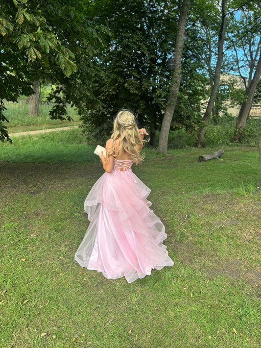 Ball Gown Light Pink Layered Tulle Stunning Prom Dresses Birthday Gowns Pink Spaghetti Strap Ruffle Long Evening Dress AB937