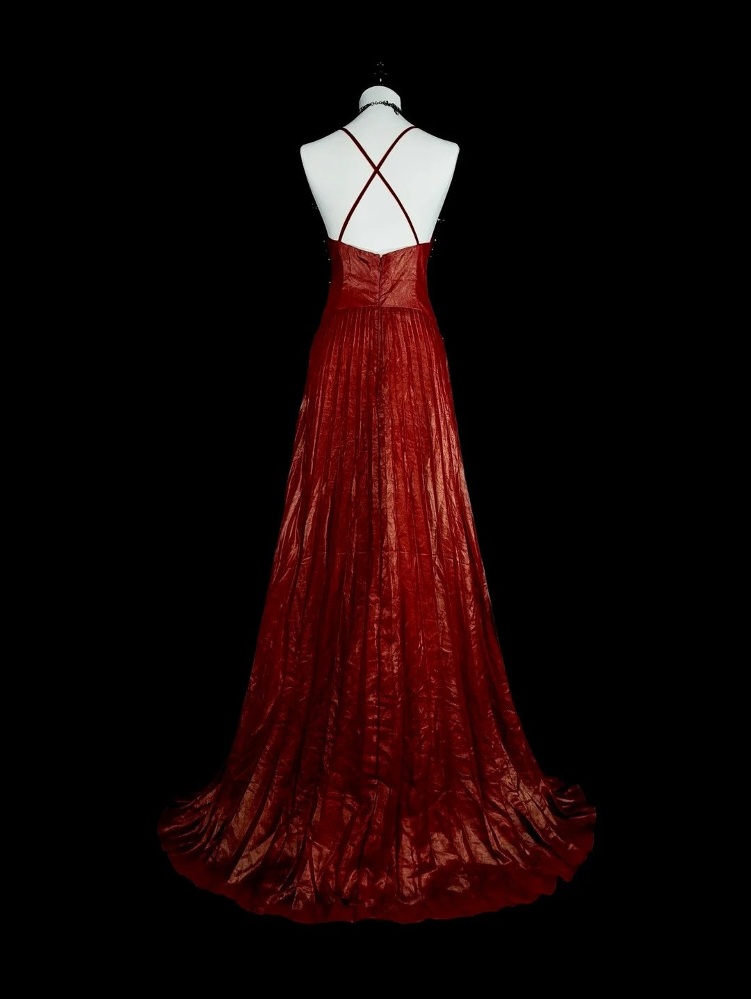 Vintage Prom Dresses A line Halter Spaghetti Strap Burgundy With Beading 1980s Long Formal Gown N2704