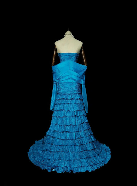 Vintage Mermaid Strapless Blue With Tiered Layers Sleeveless 80s Prom Dresses Long Formal Party Gown N1484