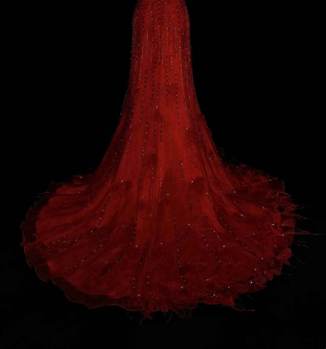 Vintage Mermaid Strapless Red 2000s With Silver Beads Prom Dresses Long Formal Party Gown N1356